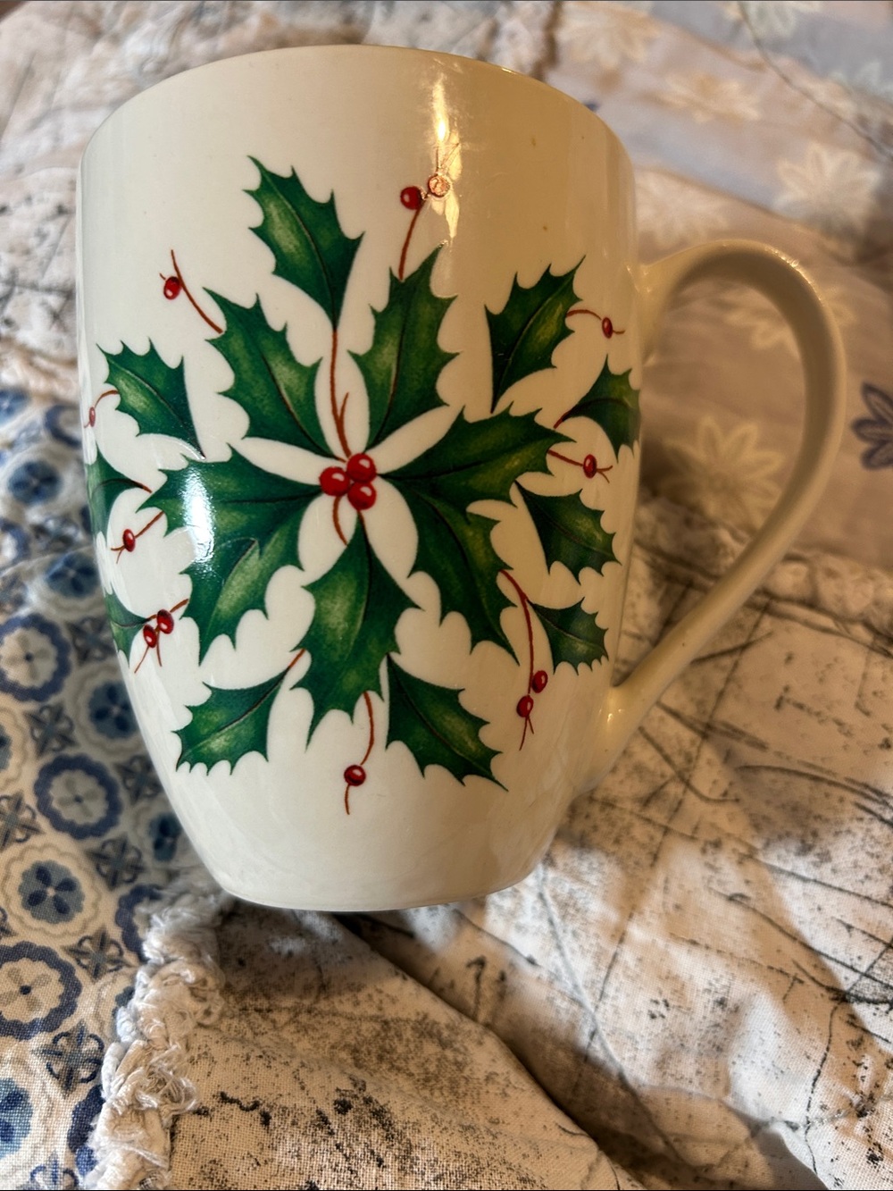 Lenox Holiday Holly Ceramic Mug - White with Green and Red Accents